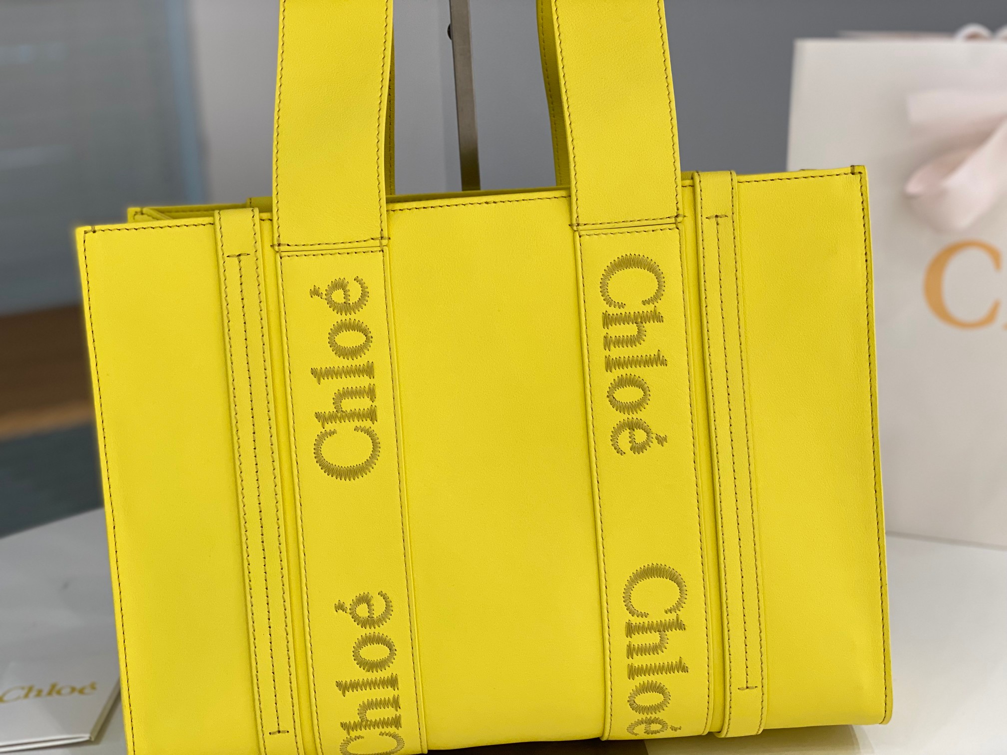 Chloe Medium Woody Tote Bag In Yellow Soft Smooth Calfskin Leather